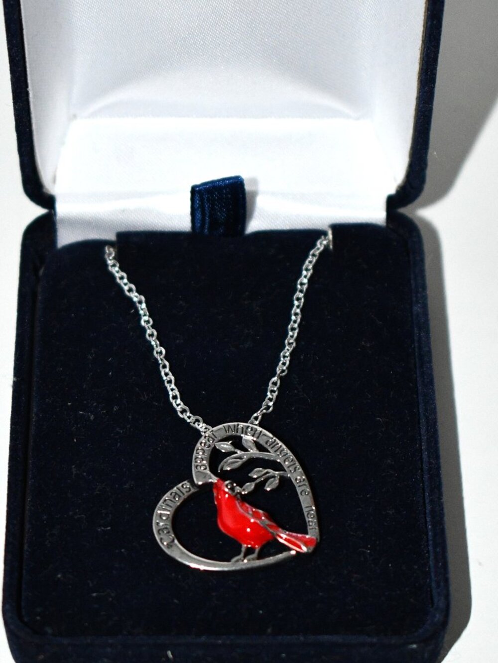 Silver Tone Heart Pendant Necklace Red Stone Rhinestone Accent w/ Gift Box  Cond